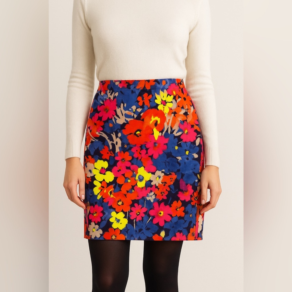 LOFT‎ floral denim pencil skirt Petite Size 8 Floral Multicolor Blue Pink Yellow